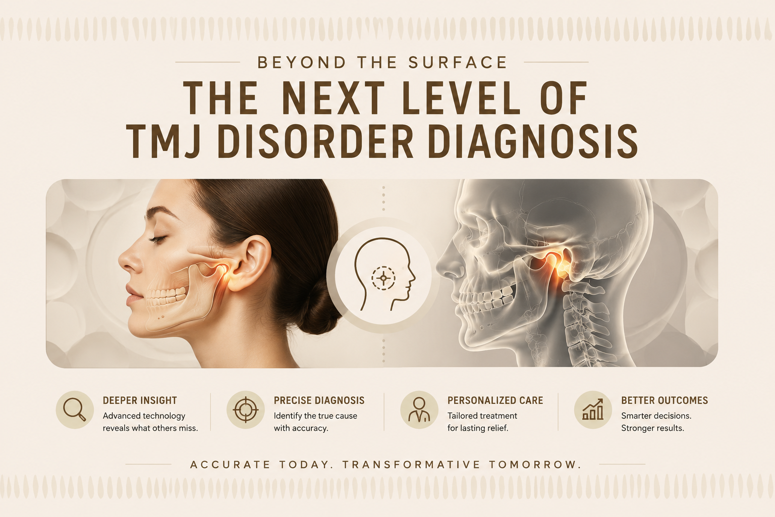 Advanced TMJ diagnosis infographic with jaw joint imaging and facial anatomy.